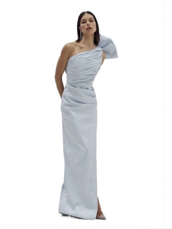 Rachel Gilbert Dresses & Skirts - Rachel Gilbert Light Blue One-Shoulder Ruched Gown with Bow